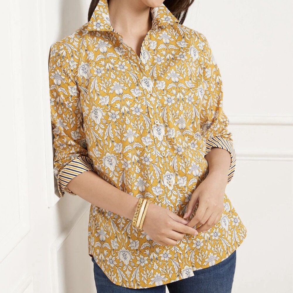 Talbots Top Womens Plus 3X Button Front Intricate Garden Print Flip Cuff Cotton